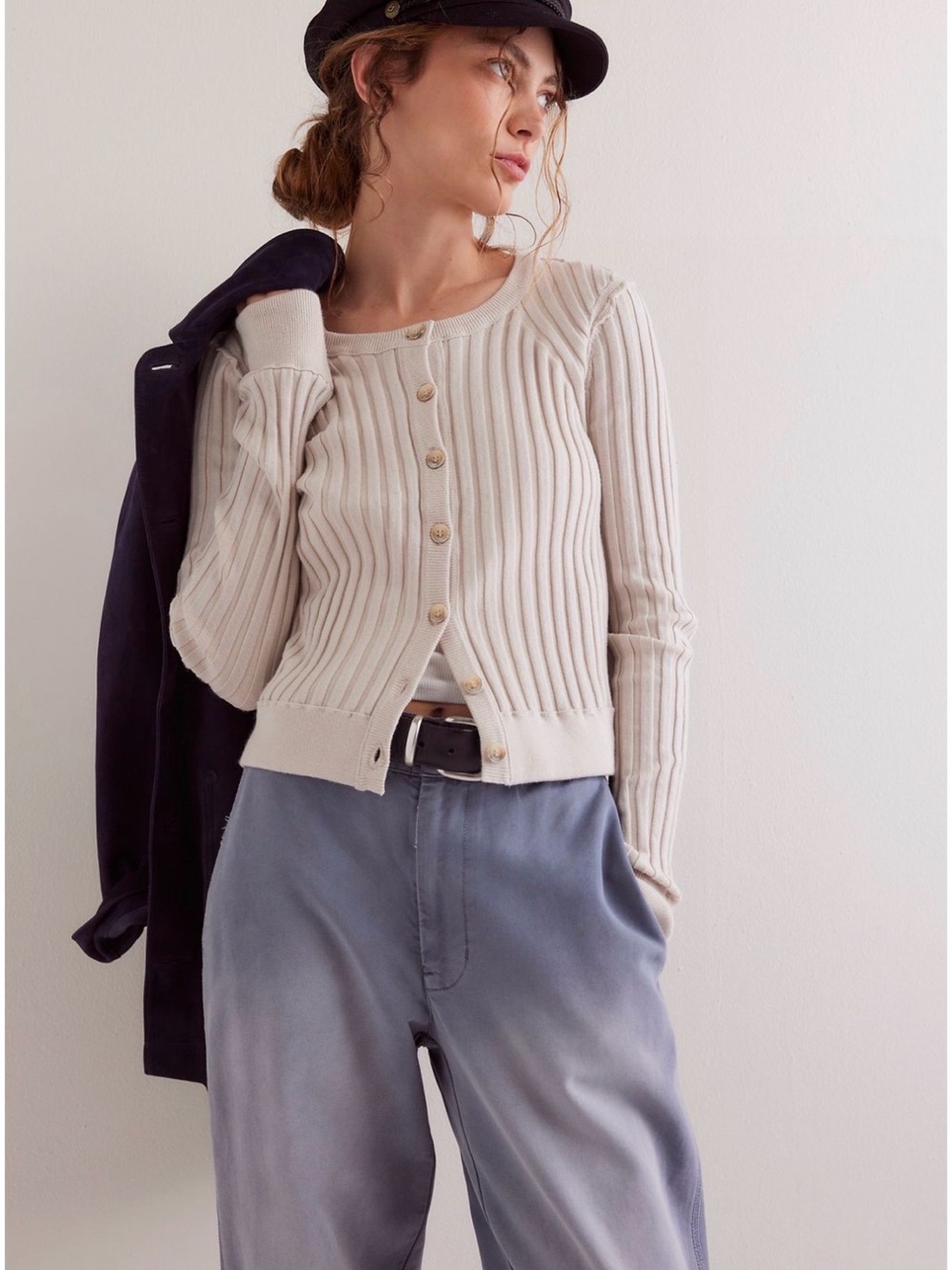 Free People Loui Rib Cardi Button-Front Cream Crew Sweater
